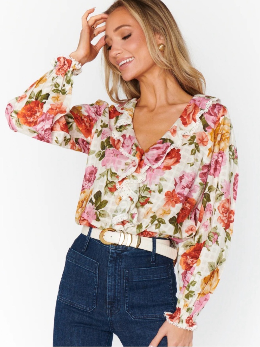 Show Me Your MuMu Floral Ruffle V-Neck Blouse